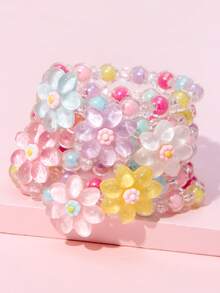 6Pcs Flower Beaded Bracelets For Girls, Random Color Kids Party Jewelry Birthday Gift - Multicolor - View 8