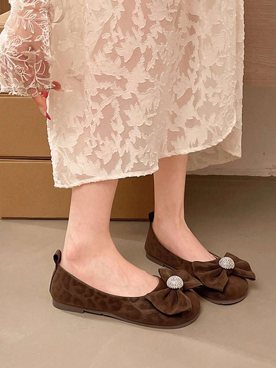 1 Pair Fashion Elegant Rhinestone Brown Leather Bowknot Shoes For Outdoor Holiday Spring Autumn - Brown - View 1