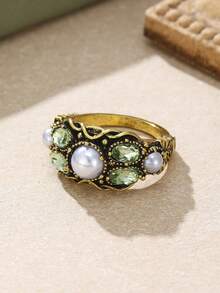 ZHIXUN 1pc Green Vintage Inlaid Cubic Zirconia Women's Ring Hand Carving Flower Jewelry Daily Wear Party Anniversary Gift - Ring - View 8