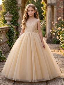 Elegante vestido de tul color champán para niña de las flores con espalda abierta, bordado floral de encaje, vestido largo de malla, vestido para niñas, vestido de princesa, vestido de noche, vestido de graduación, fiesta, adulto, fiesta de cumpleaños, niña de las flores de boda, disfraz de concurso - Champán - Ver 2