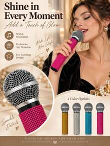 1pc Realistic Rhinestone Microphone Prop, Glossy Microphone Decor For Home Bar, Party Gift, Speech Practice Prop - AA - View 3