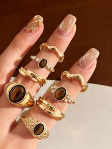 8pcs Vintage Elegant Old Money Style Tiger Eye Stone Teardrop Rhinestone Stacked Ring Set For Women, Suitable For Daily Wear, Party, Date, Evening Banquet, Perfect Gift Choice - Brown - View 1