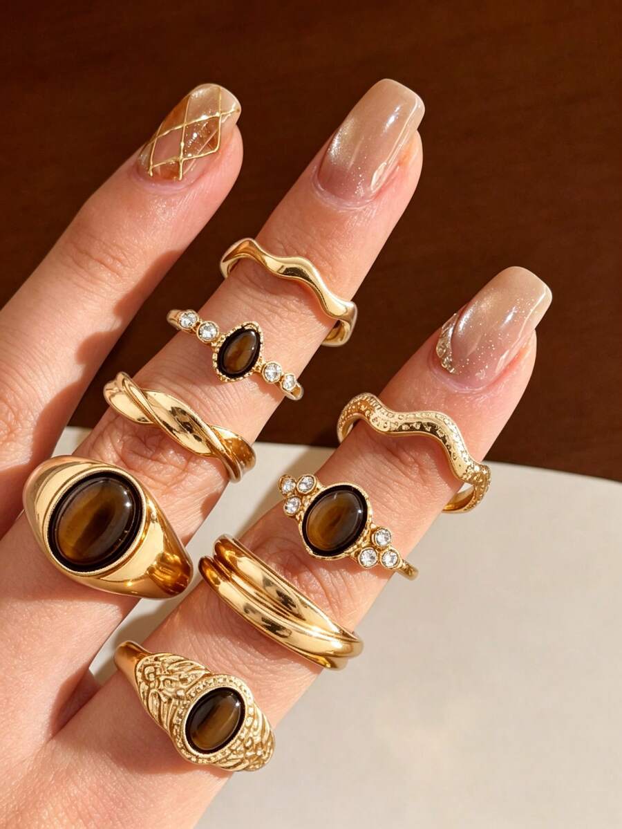 8pcs Vintage Elegant Old Money Style Tiger Eye Stone Teardrop Rhinestone Stacked Ring Set For Women, Suitable For Daily Wear, Party, Date, Evening Banquet, Perfect Gift Choice - Brown - View 1