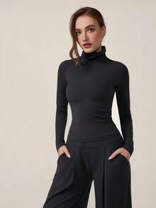 TimeOff Women's One Set Autumn/Winter Solid Color High Neck Long Sleeve Top With Side Pockets And Pleated Wide-Leg Pants - Black - View 6
