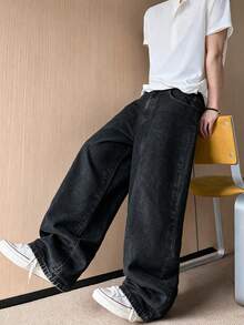 Korean Style Minimalist Men's Black Denim Jeans With Exquisite Side Embroidery, Wide Leg, Versatile Casual Loose Fit Non-Stretch All Season Long Pants 1pc | Belt & Accessories Not Included - Black - View 5