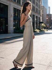Women Spaghetti Strap Jumpsuit Contrast Trim Straight Leg Romper Casual Outfits For Fall Winter Daily Commuting Going Out Dating - Khaki - View 4