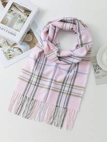 1pc Plaid Knitted Fringed Scarf, Multi-Color Patchwork, Unisex Warm Neck Warmer & Blanket, Suitable For Spring, Autumn And Winter Men Accessories - Pink - View 5