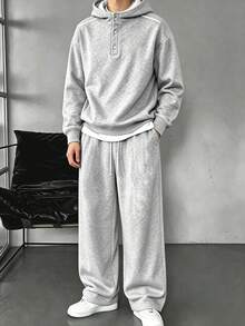 Men's 2 Pieces Set Hooded Half-Zip Loose Fit Sweatshirt And Sweatpants, Colorblock Shoulder Line Design, Solid Color Casual Sports Outfit, Daily Commute Outdoor Travel, Autumn/Winter Warm Fleece Lined - Light Grey - View 4