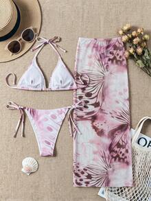 Women's Elegant Summer Beach Vacation Fashionable Pink Butterfly Print Halter Casual Bikini Set - Multicolor - View 3