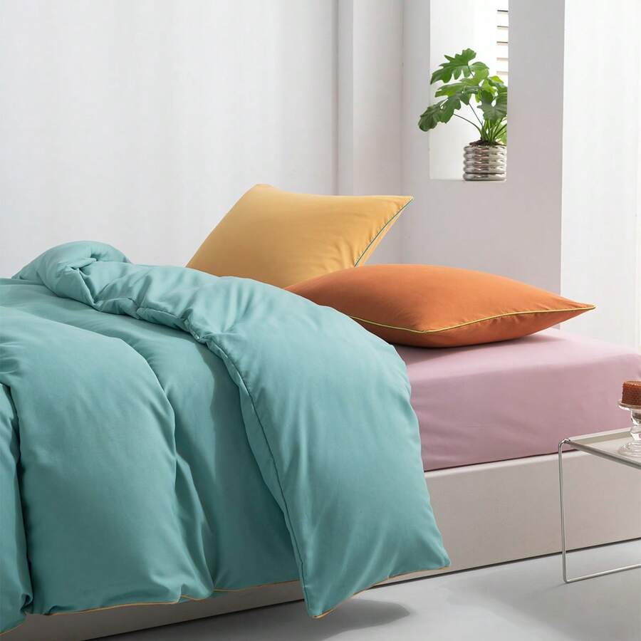 Set Sprei Selimut dengan Hiasan Satin Pelangi - 100% Poliester Lembut dengan Kombinasi Warna Merah Muda/Hijau - Sprei Bernapas dan Hipoalergenik, Tersedia Berbagai Ukuran - Termasuk 1 Selimut + 1/2 Sarung Bantal - Teh Susu Hijau - View 1