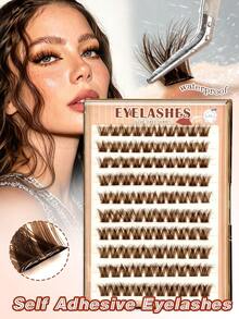 Sibeuna 100pcs D-Curl Fluffy Self-Adhesive False Eyelashes, Brown Glue-Free Reusable Pre-Glued Lashes, Suitable For Beginners, Mocha Brown, Dark Coffee And Soft Brown Alternatives To Traditional Pure Black, Creating A Soft And High-End "Pure" Makeup Look - D - View 4