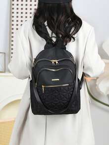 Black Rhombus Embroidery Backpack For Women, Large Capacity Multi-Pocket Daily School Travel Bag - Black - View 8