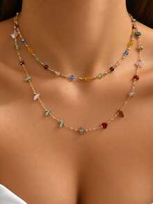 1pc Women's Multi-Layer Colorful Beaded Necklace, Gold Tone Chain Necklace, Bohemian Style Gemstone Jewelry, Exquisite Personalized Necklace, Suitable For Vacation And Party - Colorful - View 5