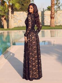 Gaun Malam Lengan Panjang Berenda Hitam yang Menawan, Desain Leher Perahu, Detail Lipit, Hem Mengembang, Cocok untuk Acara Formal - Hitam - View 2
