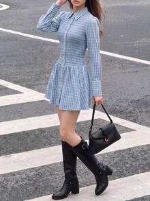 Women's Elegant Plaid Shirt Short Dress, Collared Long Sleeve Ruched Cinched Waist A-Line Skirt, Suitable For Daily Outings And Commuting - Baby Blue - View 9