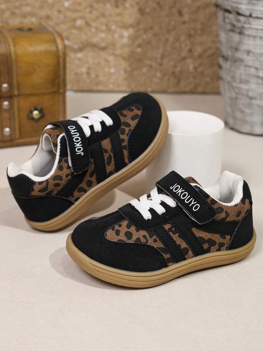 Multi-Color Kids' Vintage Colorblock Sneakers, Leopard Print Contrast Stripe Thin Fleece Lining, Durable Non-Slip Hook & Loop Closure, Unisex Toddler/Children's Autumn/Winter Versatile Comfortable Shoes - Black - View 1