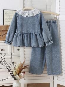 2pcs Girls Vintage Sweet Style Hollow Lace Large Collar Double Bow Decor Blouse With Elastic Waist Straight Leg Denim Jeans Set, Spring/Autumn - Medium Wash - View 3