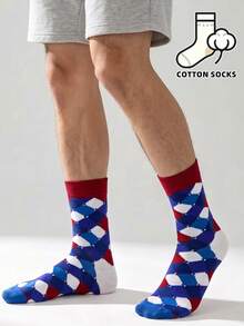 1 Pair Colorful Geometric Diamond Pattern Crew Socks, Fashion Casual Socks, Bold Retro Aesthetic Socks, Contrast Rhombus Plaid Street Style Mid-Calf Socks - Multicolor - View 5