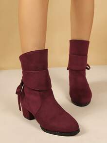 Women's Fashion Chunky Heel Comfortable Casual Ankle Boots With Back Butterfly Design, Suitable For Matching Skirts And Pants - Burgundy - View 3