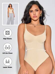 Women's Minimalist Solid Color Tummy Control Waist Shaping Bodysuit, Suitable For Layering And Innerwear - Apricot - View 4