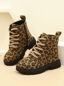 Children's Black Workwear Boots, Side Zipper + Lace-Up Design, Non-Slip Thick Sole Kids' Ankle Boots, - Khaki - View 4