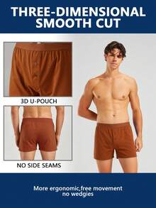 Norcotton 1pc Men's Front Button Boxer Briefs, Solid Color Loose Fit Home Shorts - Brown - View 3