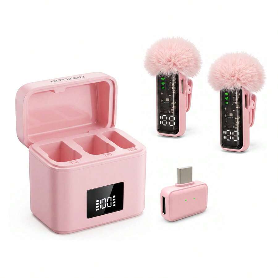 HITOZON Professional Wireless Lavalier Lapel Microphone, Plug & Play, 30H Battery With Charging Case, Intelligent Noise Cancellation Compatible With Iphone Android, Video Recording Vlogging Live Streaming - Pink - View 1