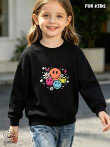 Children's Round Neck Hoodie With Colorful Smiling Faces, Comfortable And Breathable, Suitable For Daily Life In Spring And Autumn. - Black - View 4
