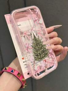 1pc Fashion Creative Phone Case, With Pink Snowflake Pattern, Bow, Candy, Christmas Tree And Snowman Full Screen, Shockproof 2-In-1 TPU Soft Protective Shell, Color Contrast, Suitable For Apple 11/12/13/14/14plus/15/15plus/16/16plus/17/17/17/17pro - Pink - View 1