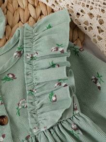 Baby Girl Mori Style Spring/Autumn 2pcs Set, Button Front Opening Olive Green Floral Corduroy Ruffle Long Sleeve Princess Dress + Matching Headband - Green - View 7