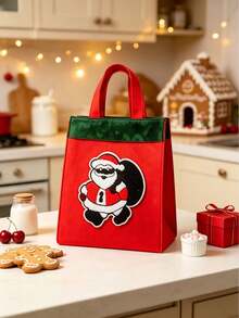 1Pc Red & Green Santa Patch Tote Bag, Vintage Style Rectangular Handbag, Gift Carrier For Christmas Holiday Gift Packing,Shower Curtain For Bathroom,Shower Curtains - Multicolor - View 7