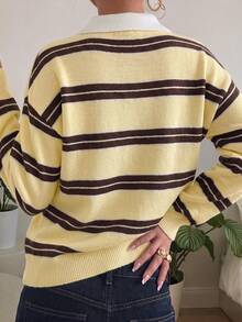 Women's Oversized Striped Polo Collar Casual Loose Fit American Preppy Style Autumn Knit Pullover - Yellow - View 2