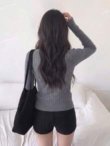 Autumn/Winter New Korean Style Cable Knit High Neck Long Sleeve Slim Fit Cinched Waist Sweater, Flattering Pure Desire Base Layer Top - Grey - View 6