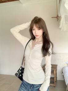 Women's New Long Sleeve Striped T-Shirt Inner Layer, Slim Fit, Unique Design Top - Apricot - View 1