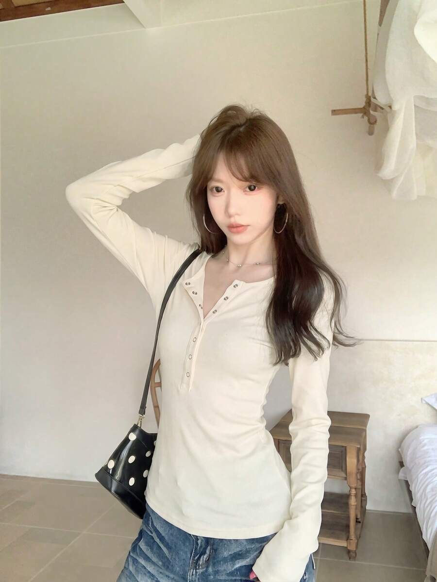 Women's New Long Sleeve Striped T-Shirt Inner Layer, Slim Fit, Unique Design Top - Apricot - View 1