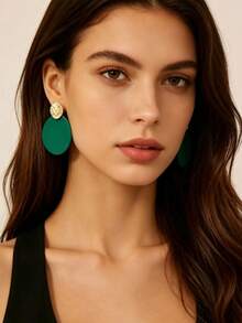 Vintage Gold Sun Pattern Earring Base Matte Green Oval Long Dangle Earrings Women's Vacation Style Exaggerated Earrings - Multicolor - View 1