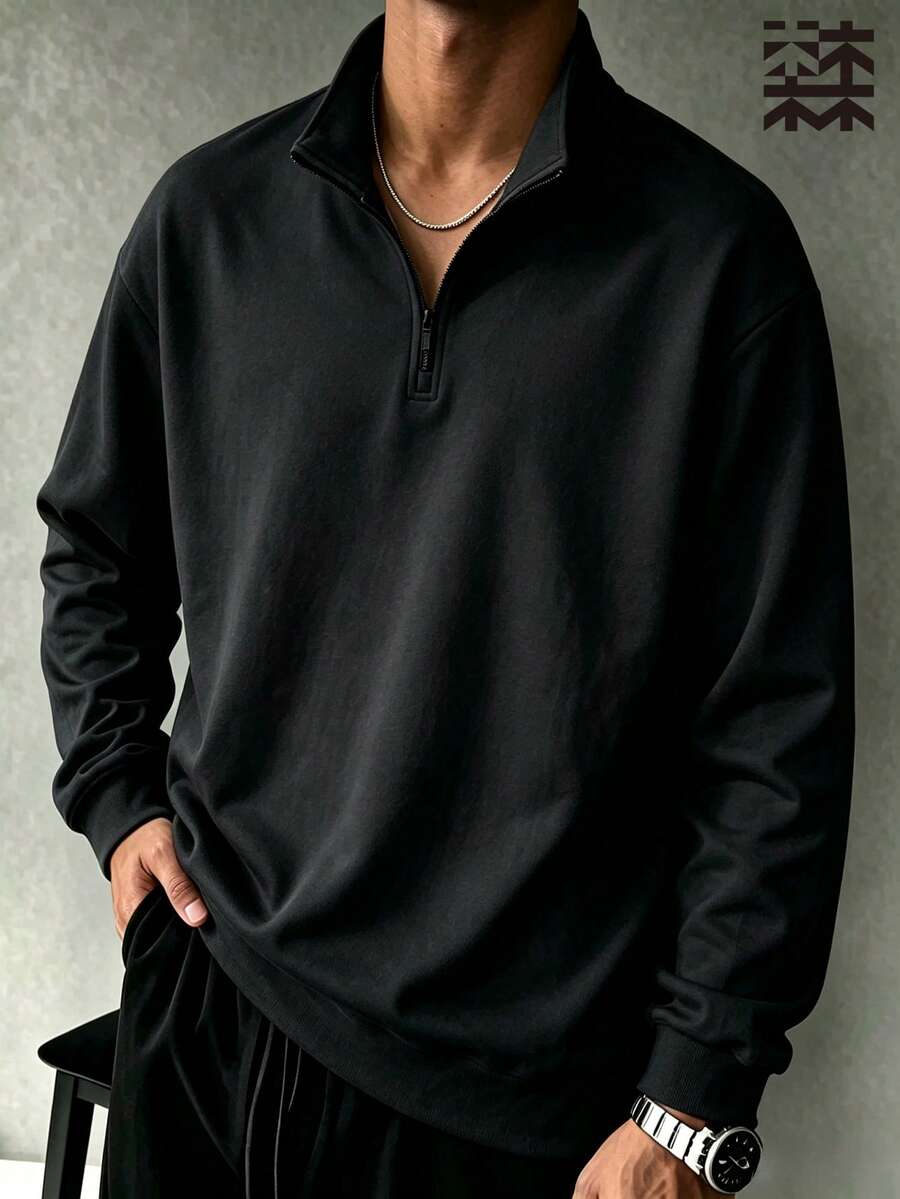 mulinsen 男士純色半拉鍊立領運動衫,落肩長袖上衣,極簡通勤休閒風 - 黑色 - 查看 1