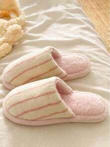 Women's Casual Minimalist Japanese Style Striped Slippers, Autumn/Winter Indoor Home Warm Cozy Plush Slides - Pink - View 4