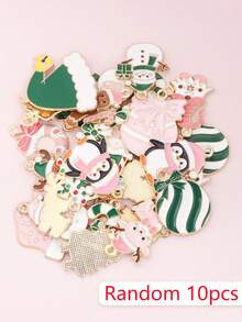 10pcs Random Styles Green/Pink Christmas Day Theme Drip Oil Alloy Charms For DIY Cute Necklace Keychain Gift Box&Festival Party Xmas Tree Ornaments - Christmas Theme - View 9