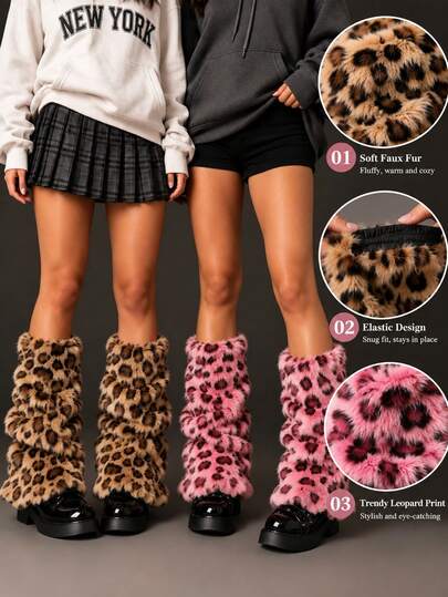 1 Pasang Penghangat Kaki Wanita Motif Leopard Cokelat Y2K, Lembut, Hangat, Elastis, Satu Ukuran, Cocok Dipadukan dengan Sepatu Bot, Pesta, Liburan & Pemakaian Sehari-hari