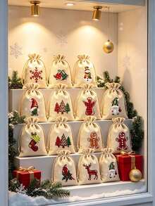8pcs/Set Christmas Linen Drawstring Gift Bags, Plaid Christmas Print Reusable Linen Bags, Suitable For Holiday Gift Packaging And Party Decoration - Multicolor - View 8