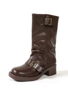Women's Black Fashion Ankle Boots, New Buckle Design, European And American Niche Style, Chunky Heel Thick Sole, Lightweight - Brown - View 5