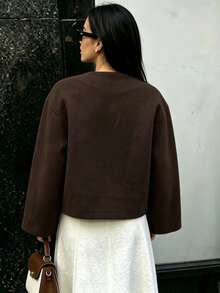 Mantel Wol Wanita Musim Gugur/Dingin, Jaket Cokelat Pendek Wol dengan Kancing Depan, Potongan Ramping, Elegan dan Menawan, Cocok untuk Liburan/Perjalanan/Kantor - Coklat - View 3