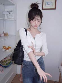 Women's Solid Color Pleated Slim Fit Versatile Casual Daily T-Shirt White - White - View 9