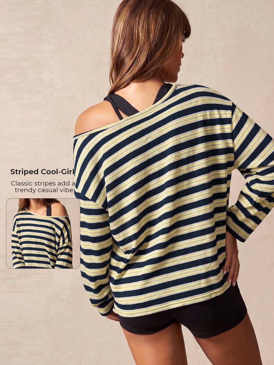 Women's Cold Shoulder Long Sleeve Striped Loose Asymmetric Collar Plus Size Casual Autumn Basic Top - Navy Blue - View 1