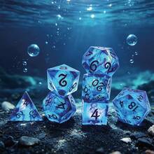 7件組銳利邊緣樹脂骰子組，深藍色幻彩箔片內含物多面骰，手工製桌上遊戲骰子，收藏級角色扮演遊戲骰子禮物 - A - 查看 1