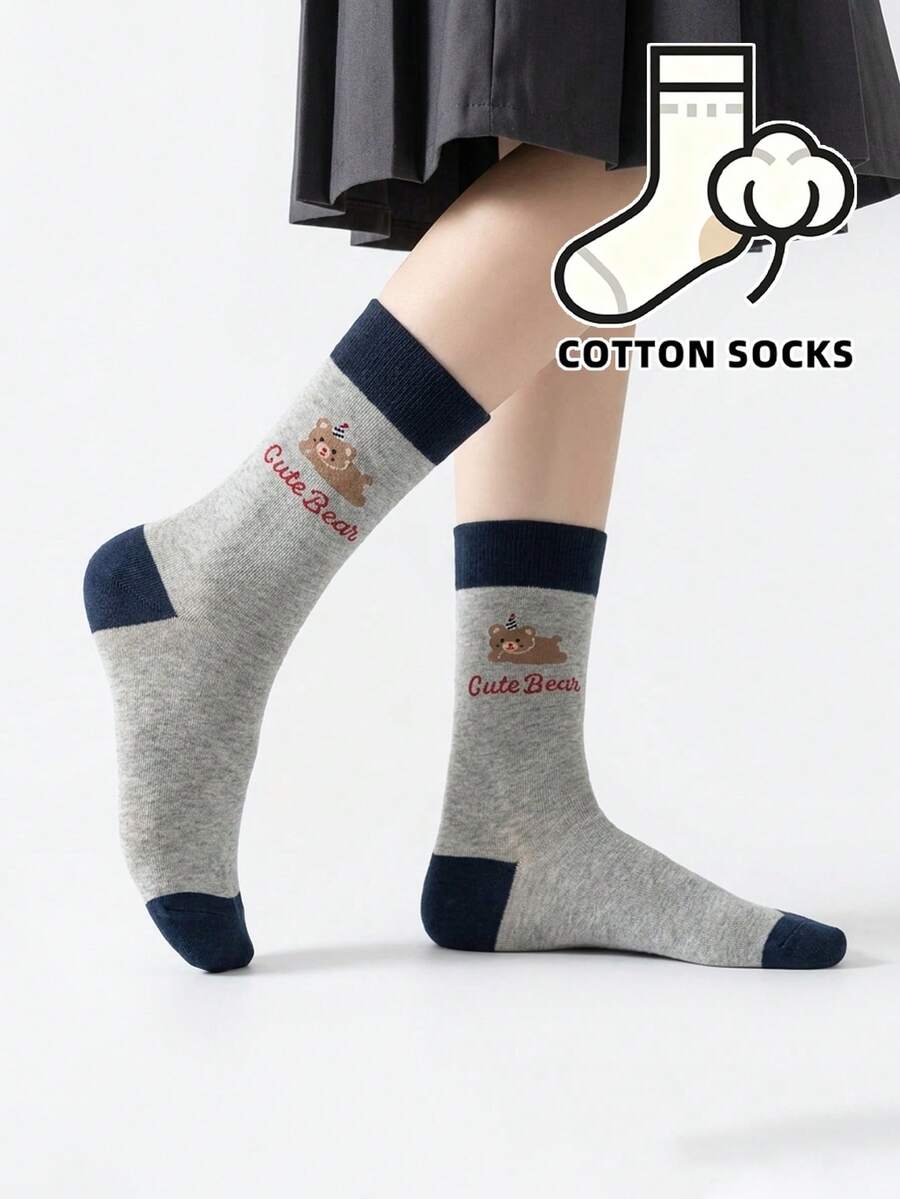 1 Pair Cute Lie Bear Pattern Socks, Grey Color Block Daily Socks, Y2K Academy Style Cartoon Bear Socks, Soft Mid-Calf Casual Streetwear Socks - Multicolor - View 1
