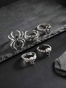 1 buah Set Cincin Vintage Punk Dark Gothic Metal dengan Hiasan Tengkorak Laba-laba dan Batu Permata, Aksesori Pria Gaya Rock Street yang Dipersonalisasi, Perhiasan Halloween - Antique Silver - View 3