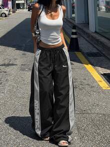 Women's Street Style Patchwork Side Panel Sports Long Pants, Adjustable Drawstring Hem, Autumn/Winter Outdoor Casual - Black - View 3