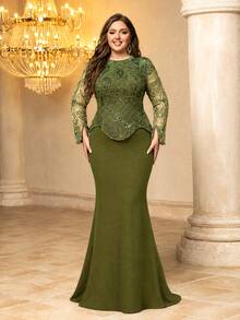 UNITHORSE[Random Cut]Round Neck Long Sleeve Sequin Patchwork Knit Evening Dress - Olive Green - View 1